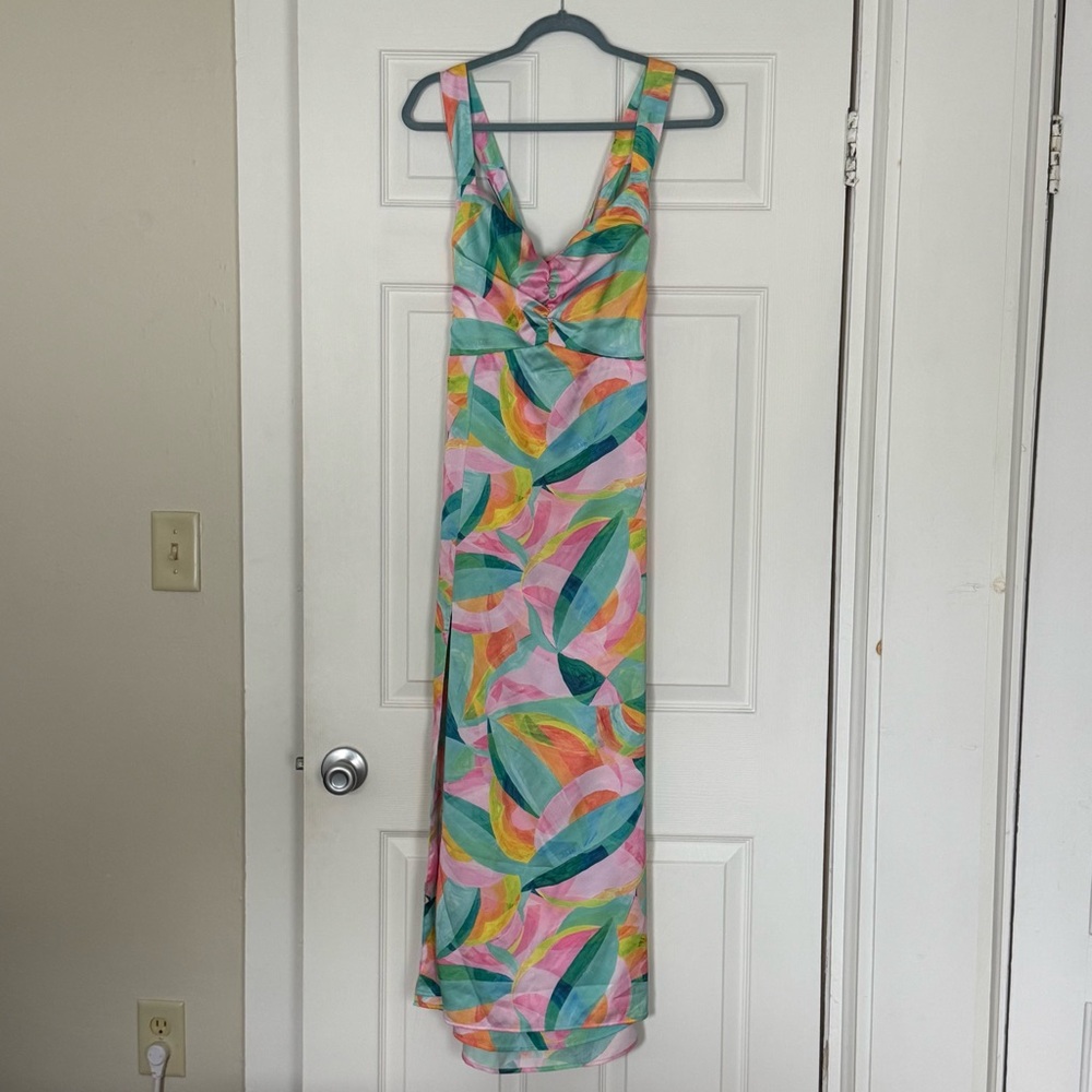 Show Me Your MuMu Mina Midi Dress in Tropicana Burst Luxe Satin